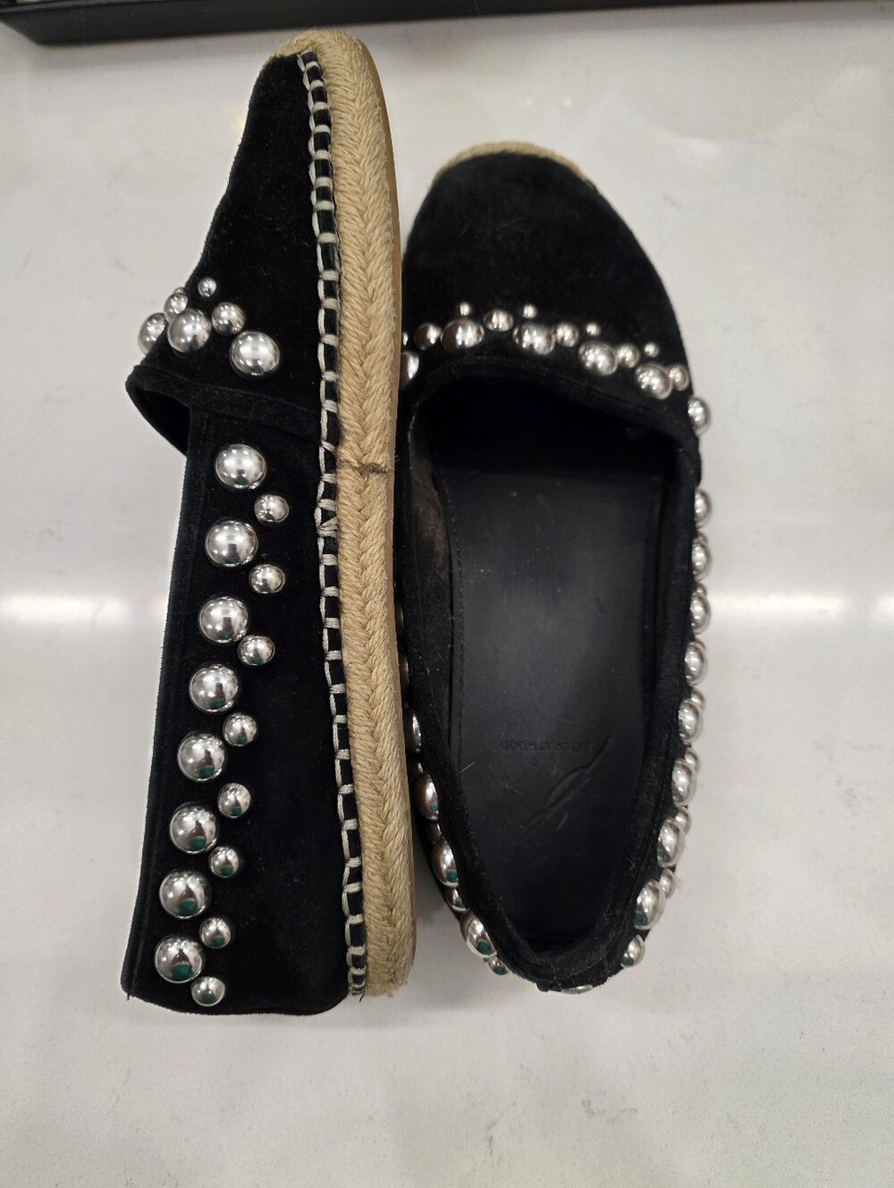 B Brian Atwood Eli Studded Black Suede Espadrille Flats 6.5